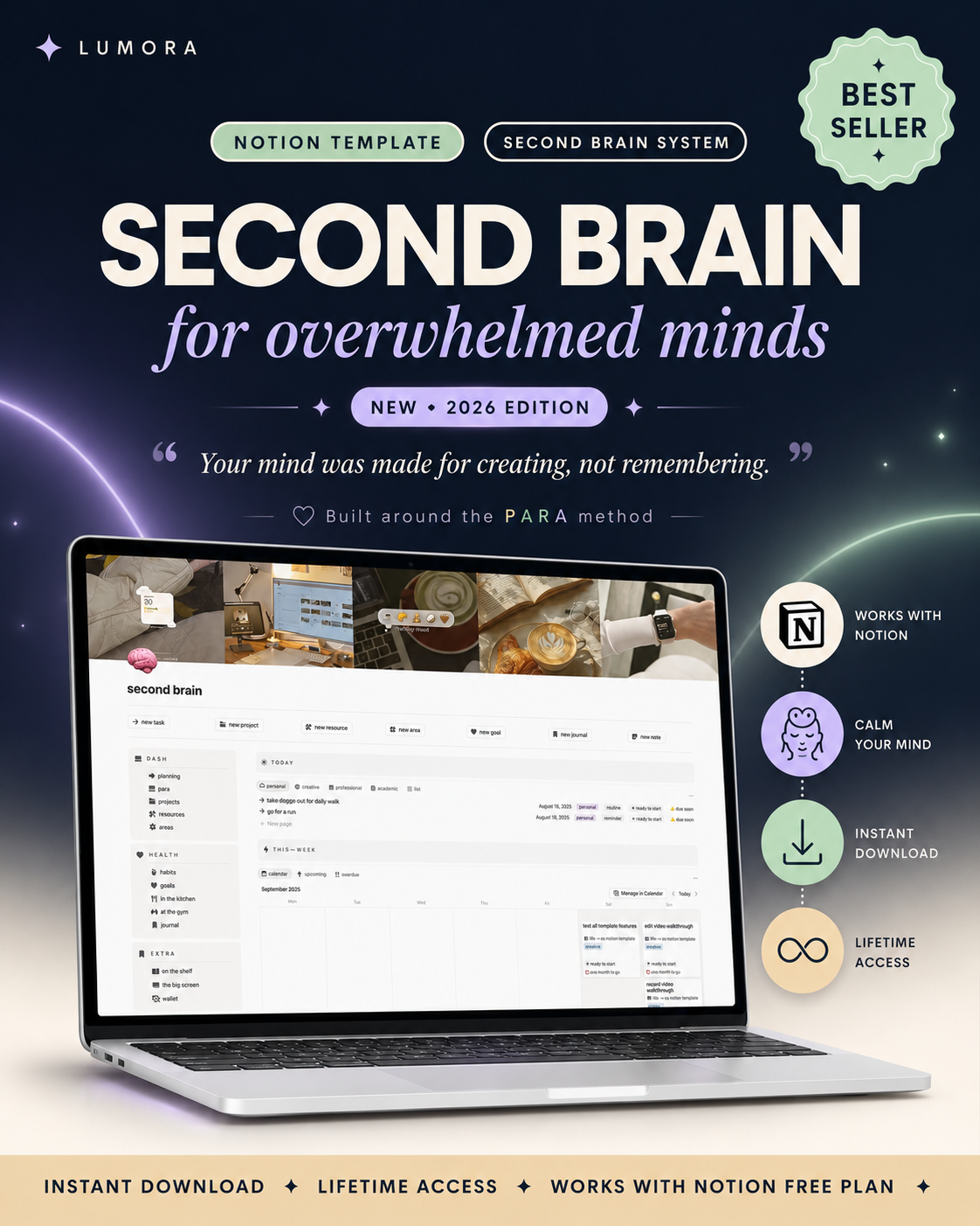Stop Losing Your Best Ideas to a Messy Brain. This Second Brain Notion Template Turns Scattered Thoughts Into One Calm Productivity Dashboard.