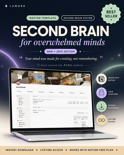 Stop Losing Your Best Ideas to a Messy Brain. This Second Brain Notion Template Turns Scattered Thoughts Into One Calm Productivity Dashboard.