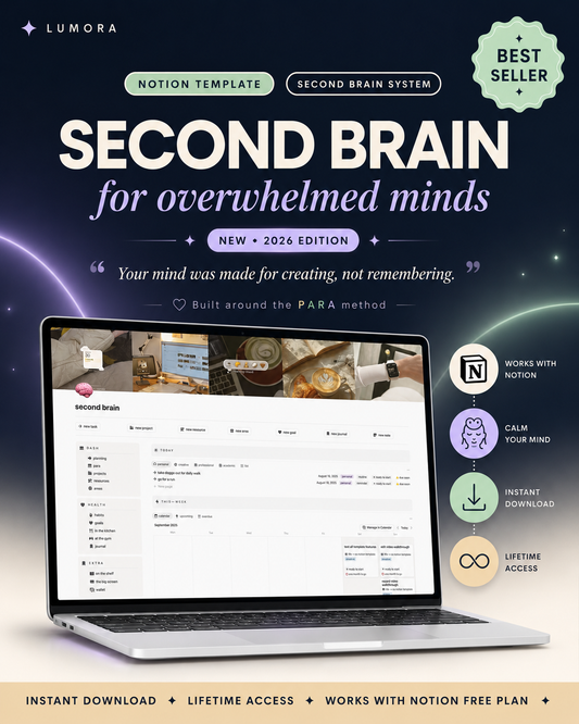 Stop Losing Your Best Ideas to a Messy Brain. This Second Brain Notion Template Turns Scattered Thoughts Into One Calm Productivity Dashboard.
